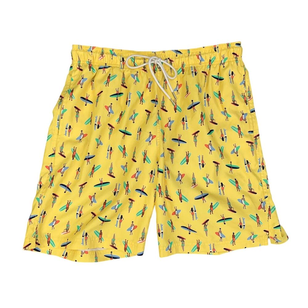Lands End Swim Shorts Mens M Medium Yellow Volley Brief Lined Swim Trunks Surfer